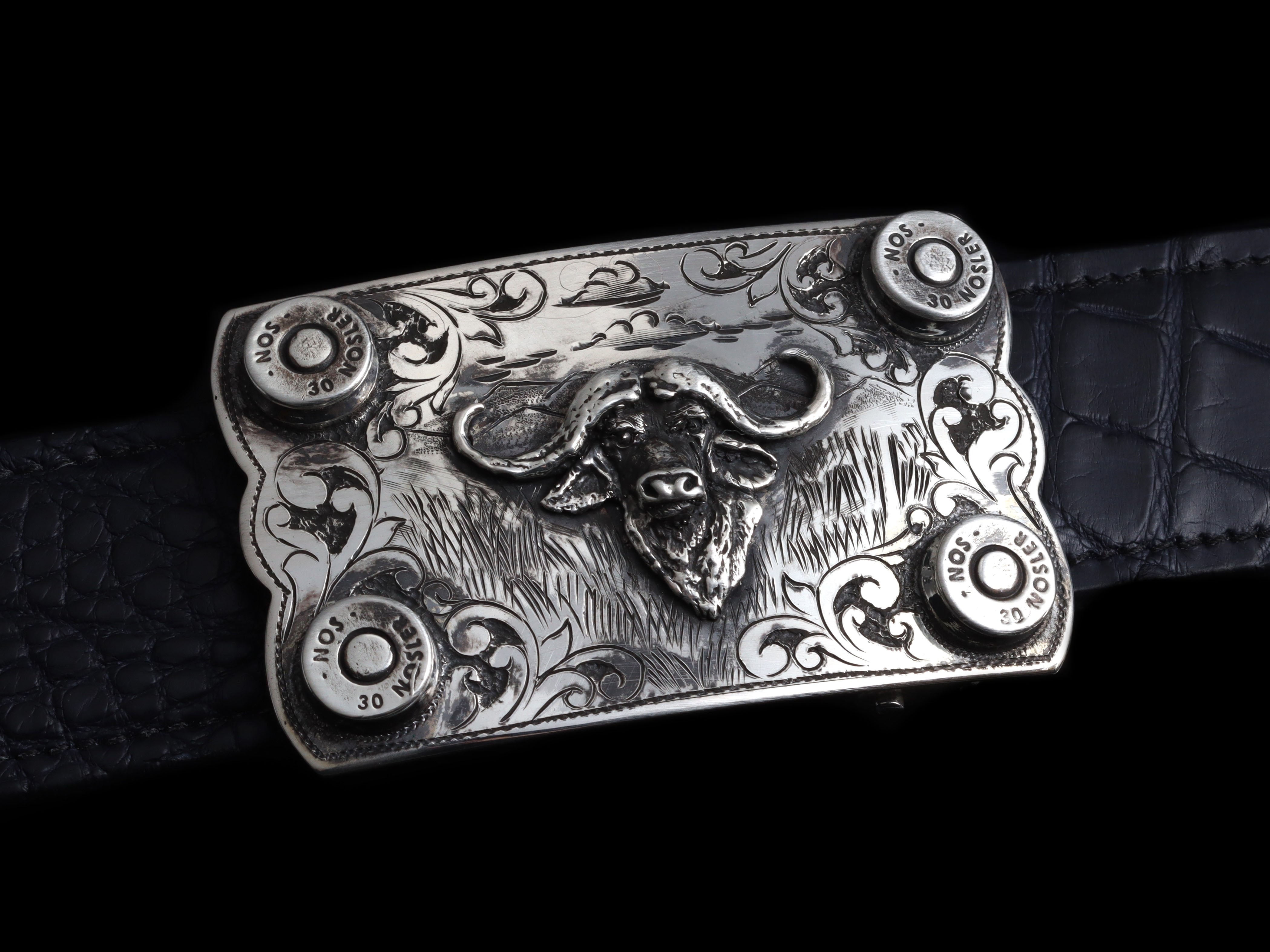 Vintage custom belt buckle featuring Buffalo nickels and brass bullet casings Brass Engraved Buffalo Belt Buckle: Southwestern Cowboy  main image 2