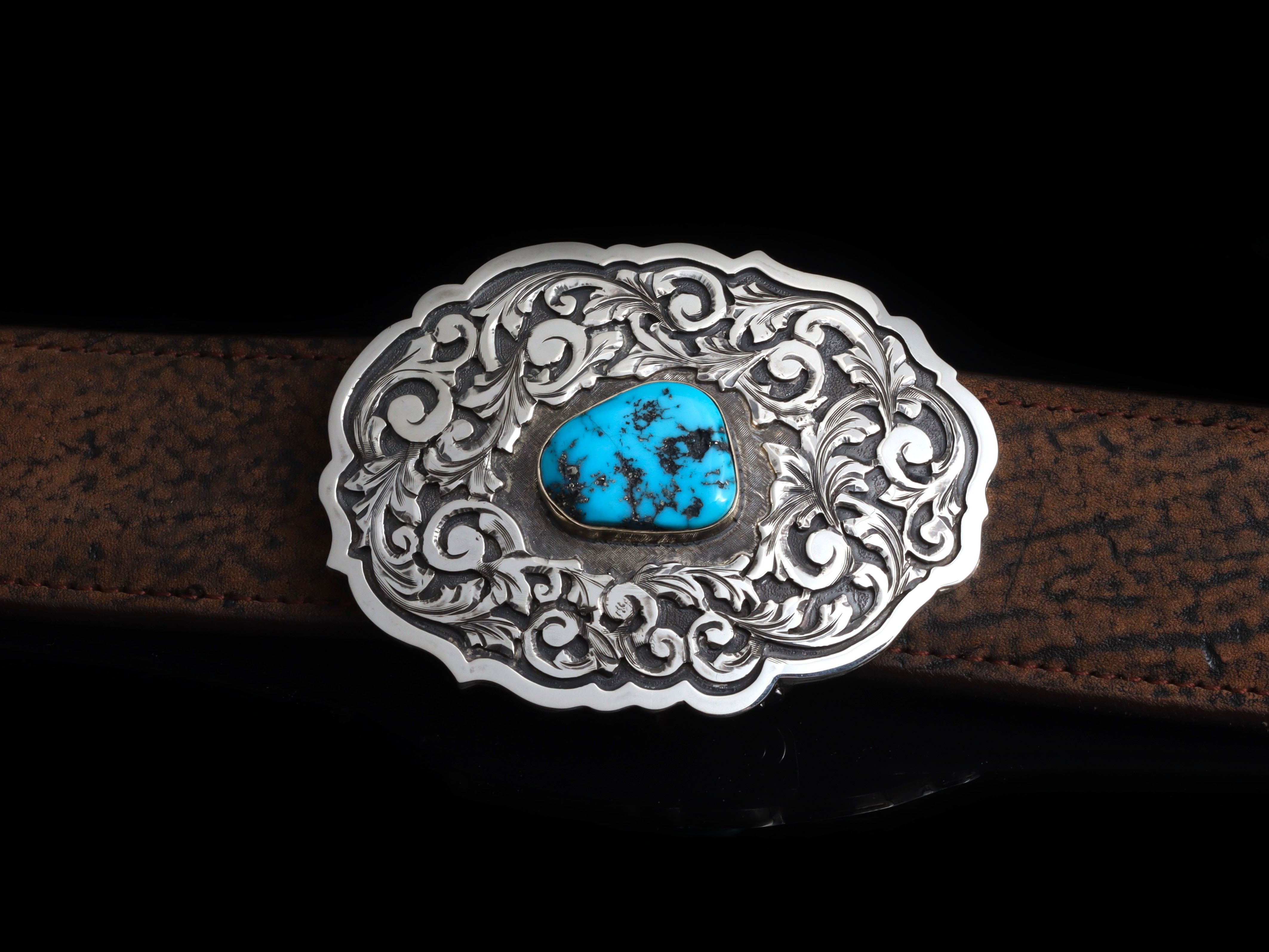 New Turqouise belt buckle fits 1.5 belt Metal Gonzales 1800 Antique Engraved Turquoise Buckle – Clint Orms  main image 3