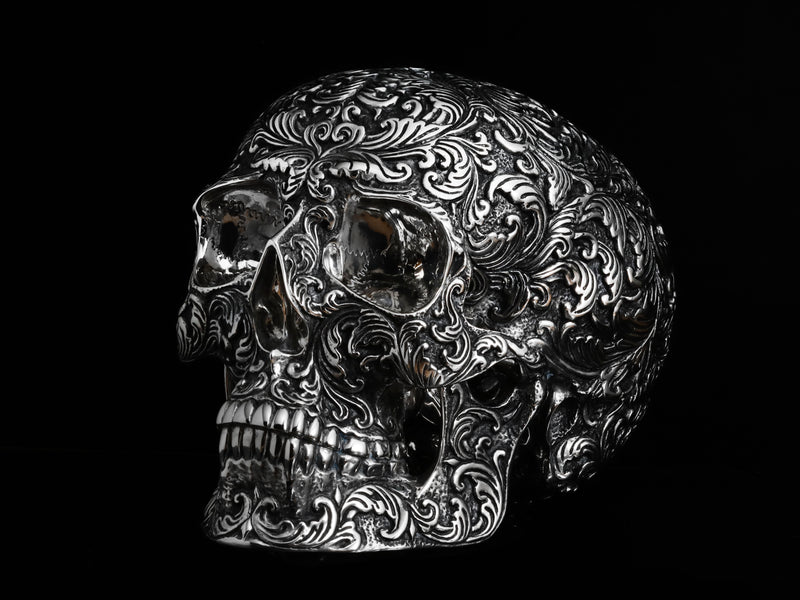 Life Size Stainless Steel Floral Skull